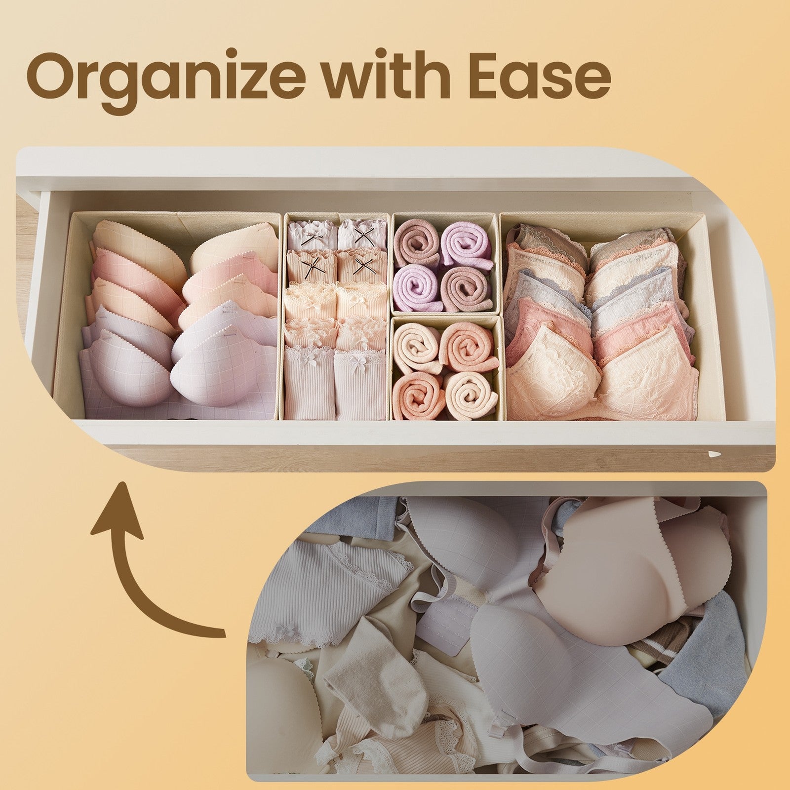 Dresser Drawer Organizer - Linenette Non-Woven Fabric - Dark Grey - Set of 6 Foldable Storage Bins for Socks and Accessories