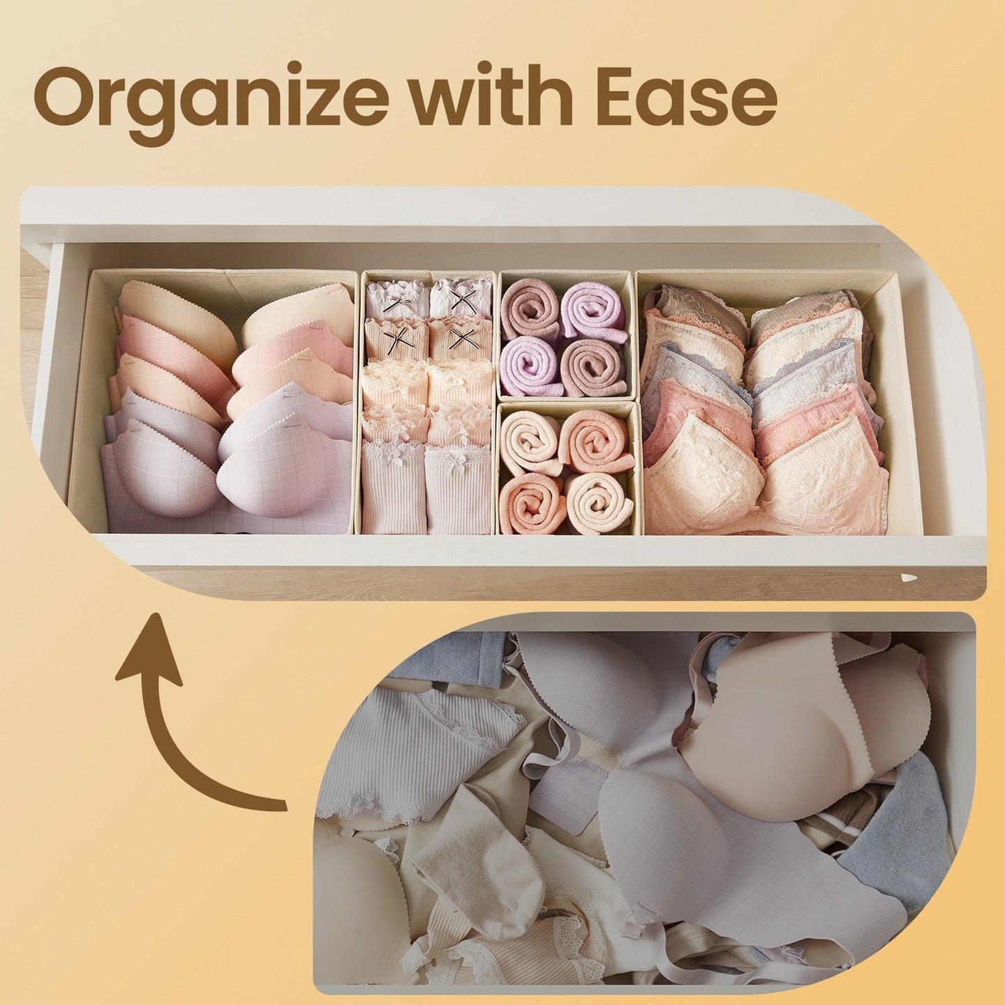 Dresser Drawer Organizer - Linenette Non-Woven Fabric - Dark Grey - Set of 6 Foldable Storage Bins for Socks and Accessories