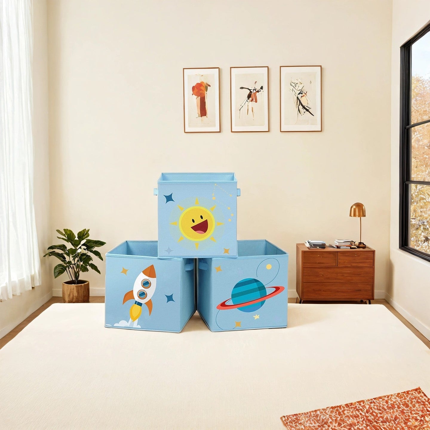Set of 3 Toy Organizer Storage Boxes - Fabric - Blue, Green, Pink - Foldable with Handles