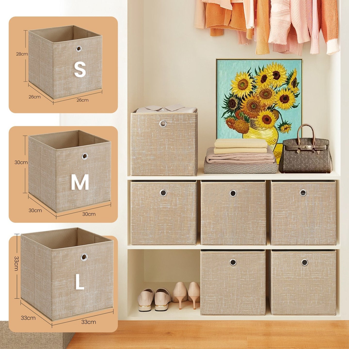Foldable Storage Boxes - Fabric - Sand Beige - Set of 6
