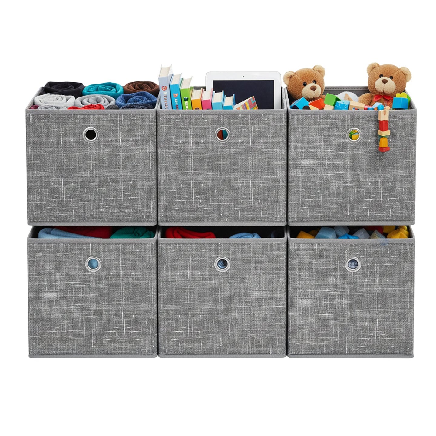 Set of 6 Foldable Cube Organizers - Cardboard and Fabric - Heathered Grey
