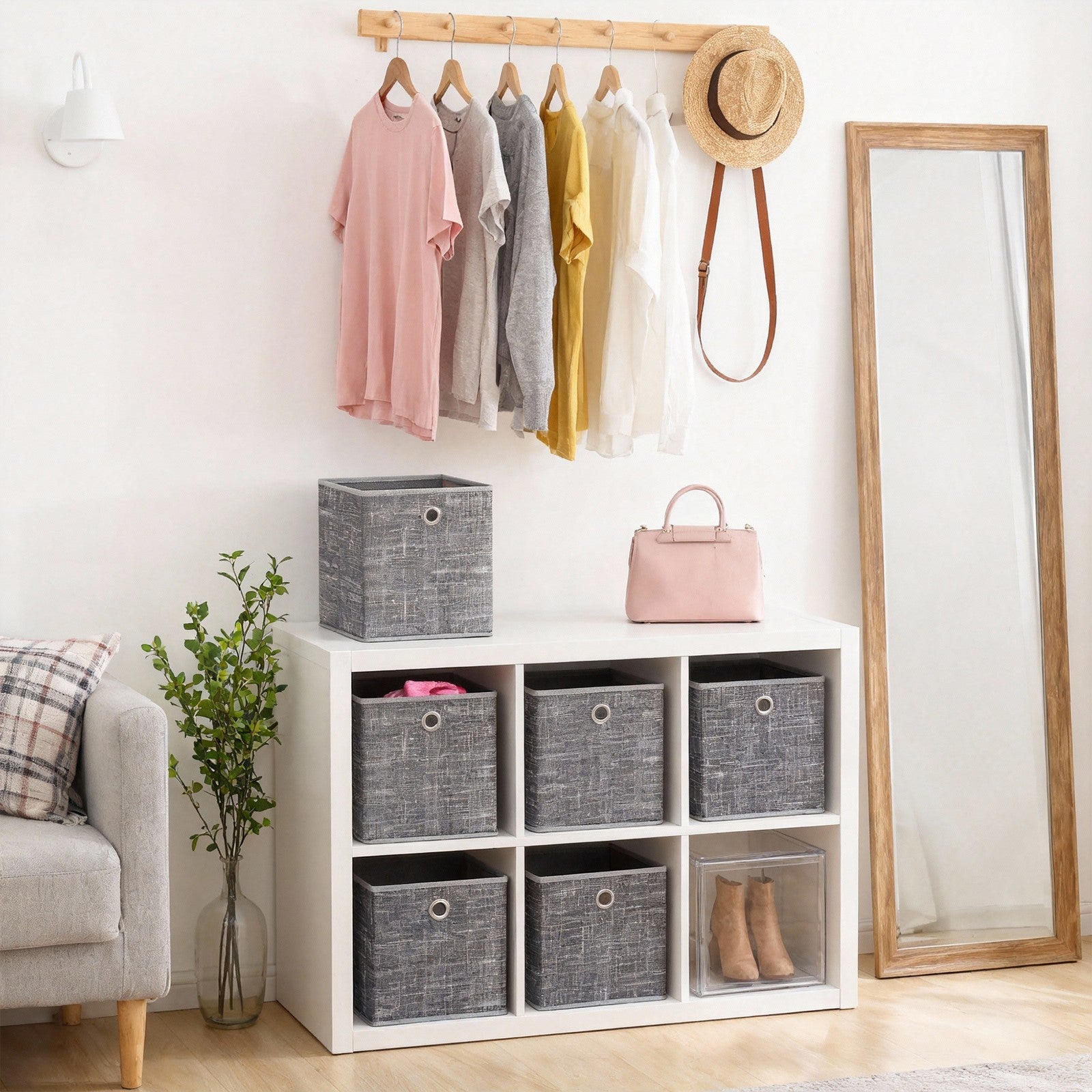 Set of 6 Foldable Cube Organizers - Cardboard and Fabric - Heathered Grey