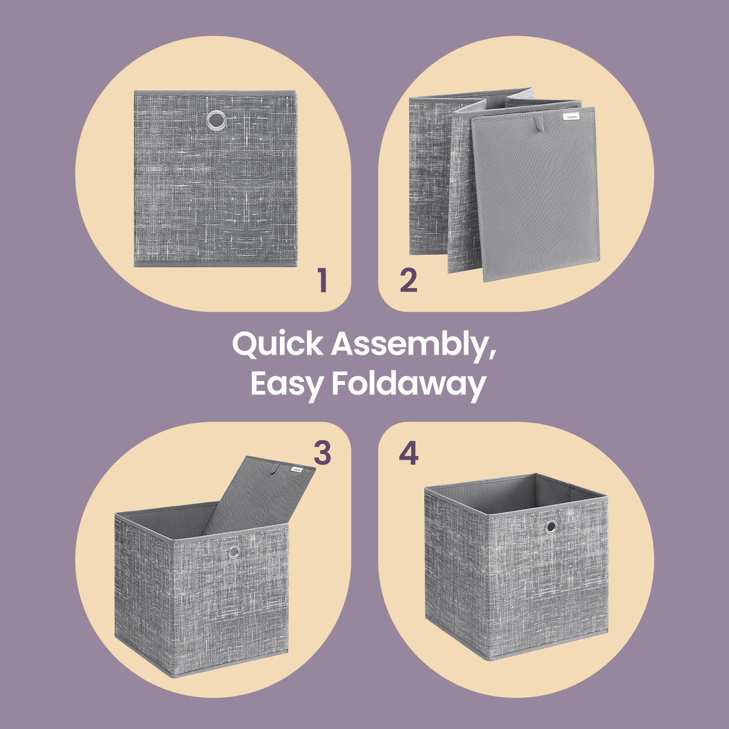 Set of 6 Foldable Cube Organizers - Cardboard and Fabric - Heathered Grey