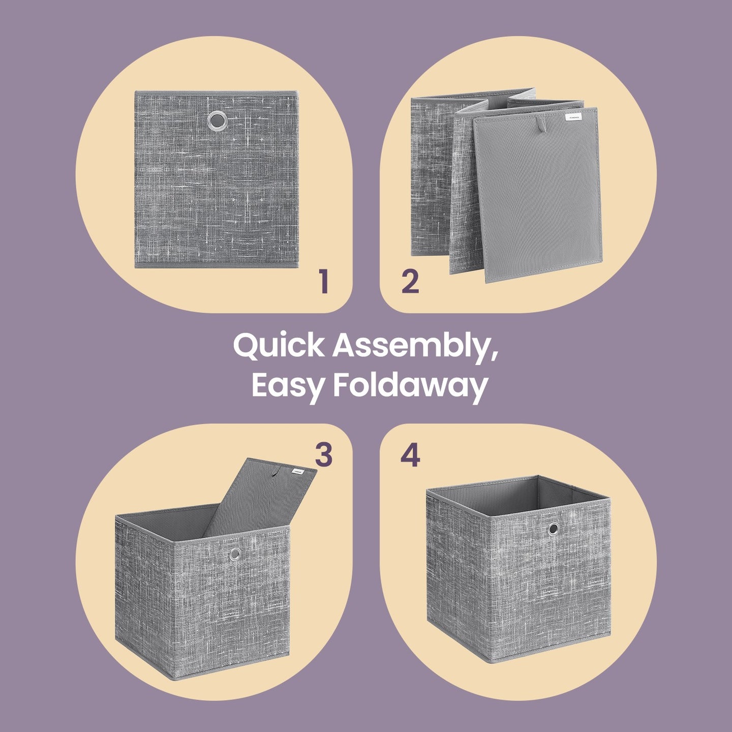 Set of 6 Foldable Cube Organizers - Cardboard and Fabric - Heathered Grey