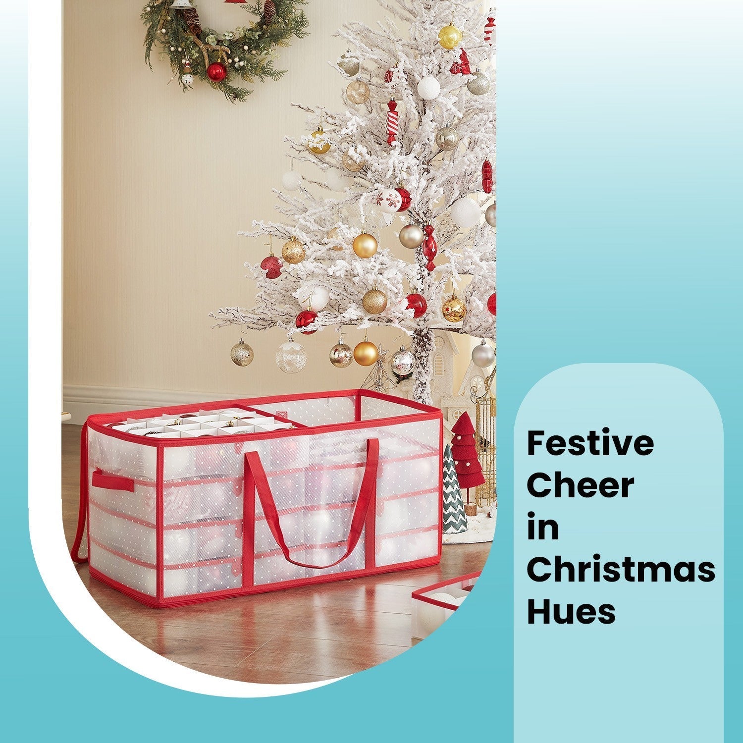 Christmas Ornament Storage Box - Fabric - Cherry Red - 128 Slots with Modular Dividers