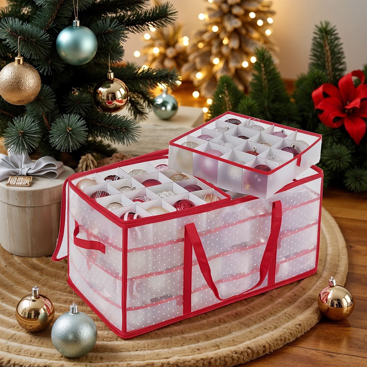 Christmas Ornament Storage Box - Fabric - Cherry Red - 128 Slots with Modular Dividers