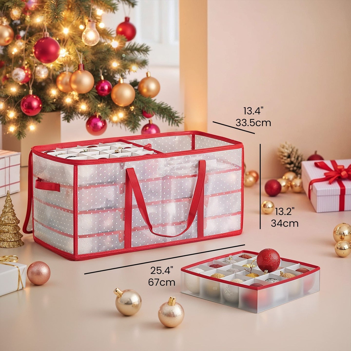 Christmas Ornament Storage Box - Fabric - Cherry Red - 128 Slots with Modular Dividers
