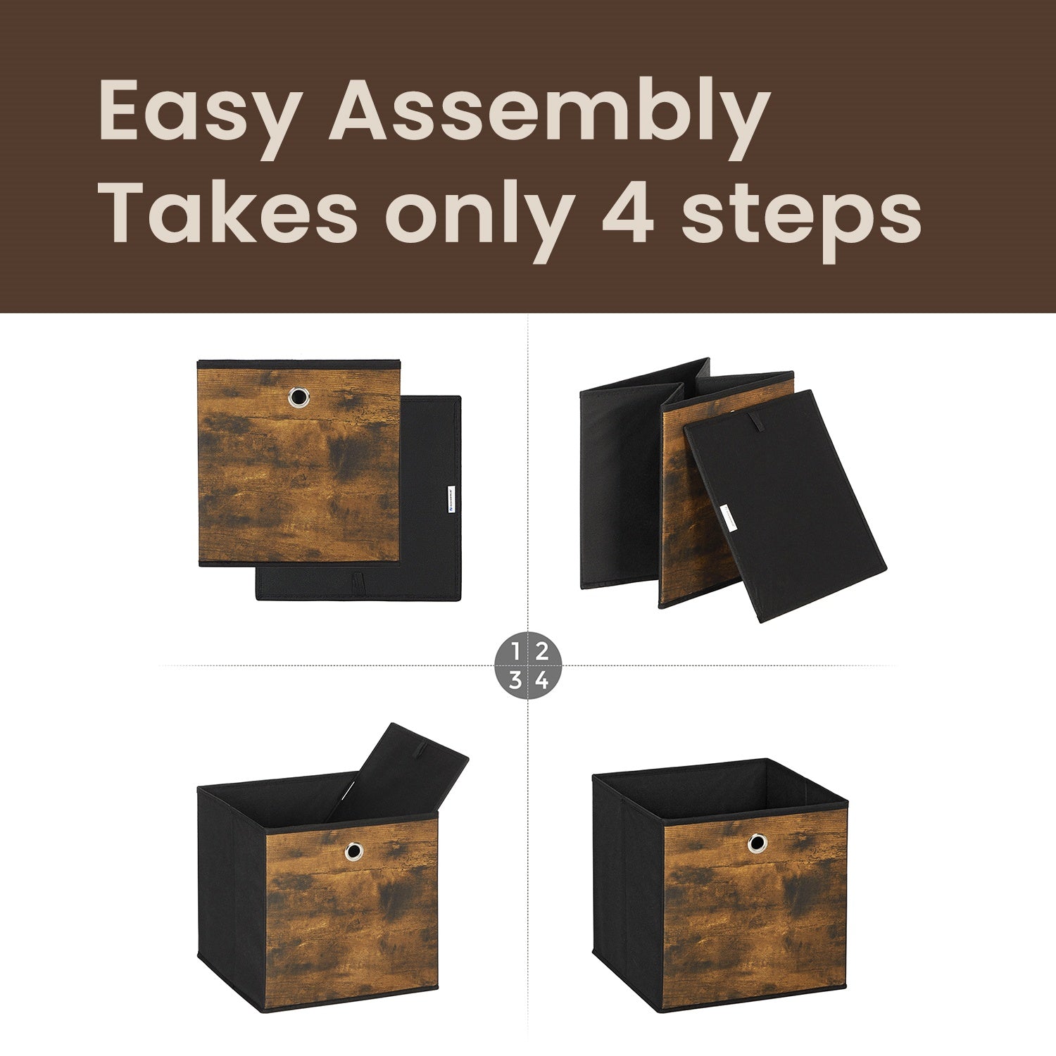 Set of 6 Foldable Storage Boxes - Non-Woven - Rustic Brown and Black - 30 x 30 x 30 cm