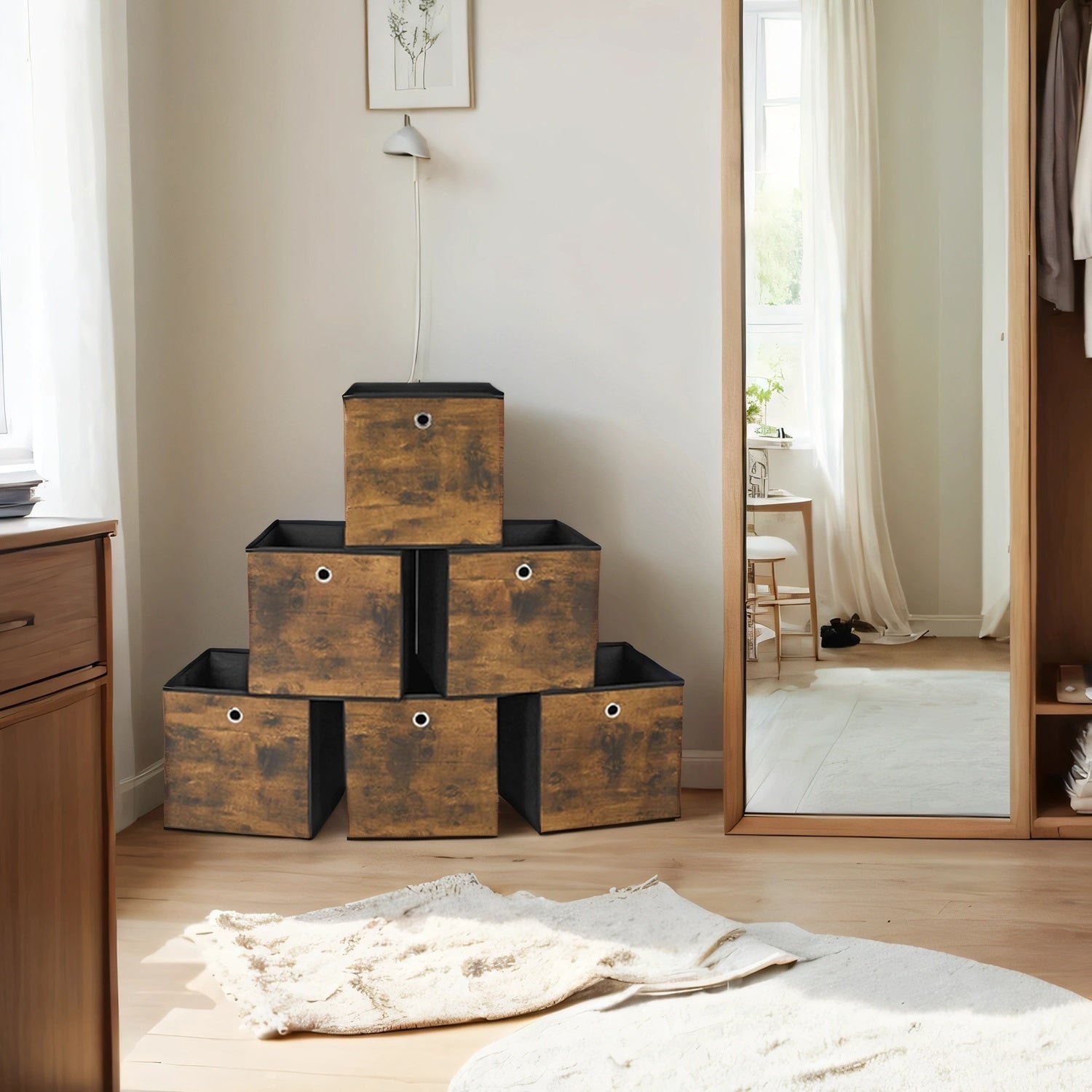 Set of 6 Foldable Storage Boxes - Non-Woven - Rustic Brown and Black - 30 x 30 x 30 cm