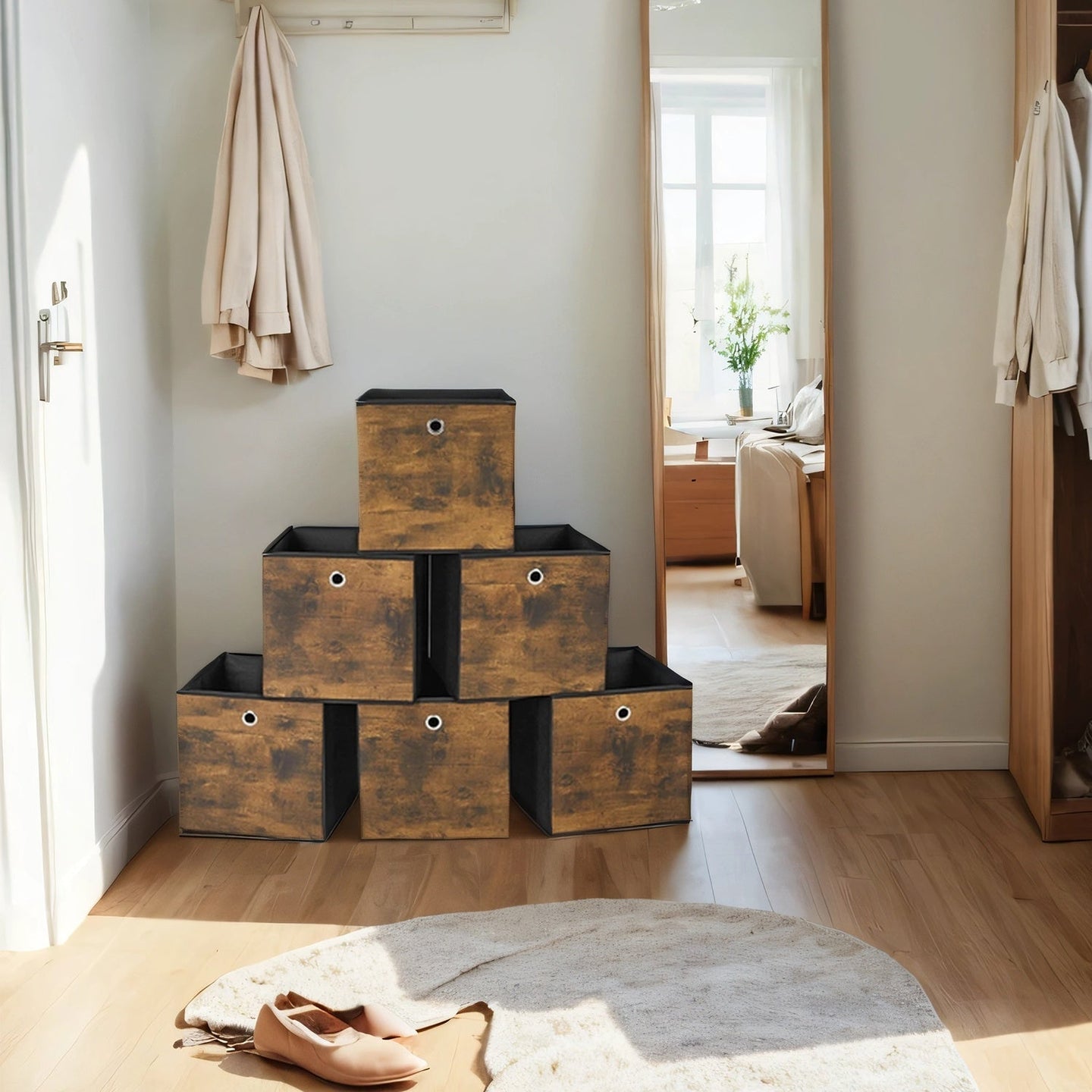 Set of 6 Foldable Storage Boxes - Non-Woven - Rustic Brown and Black - 30 x 30 x 30 cm