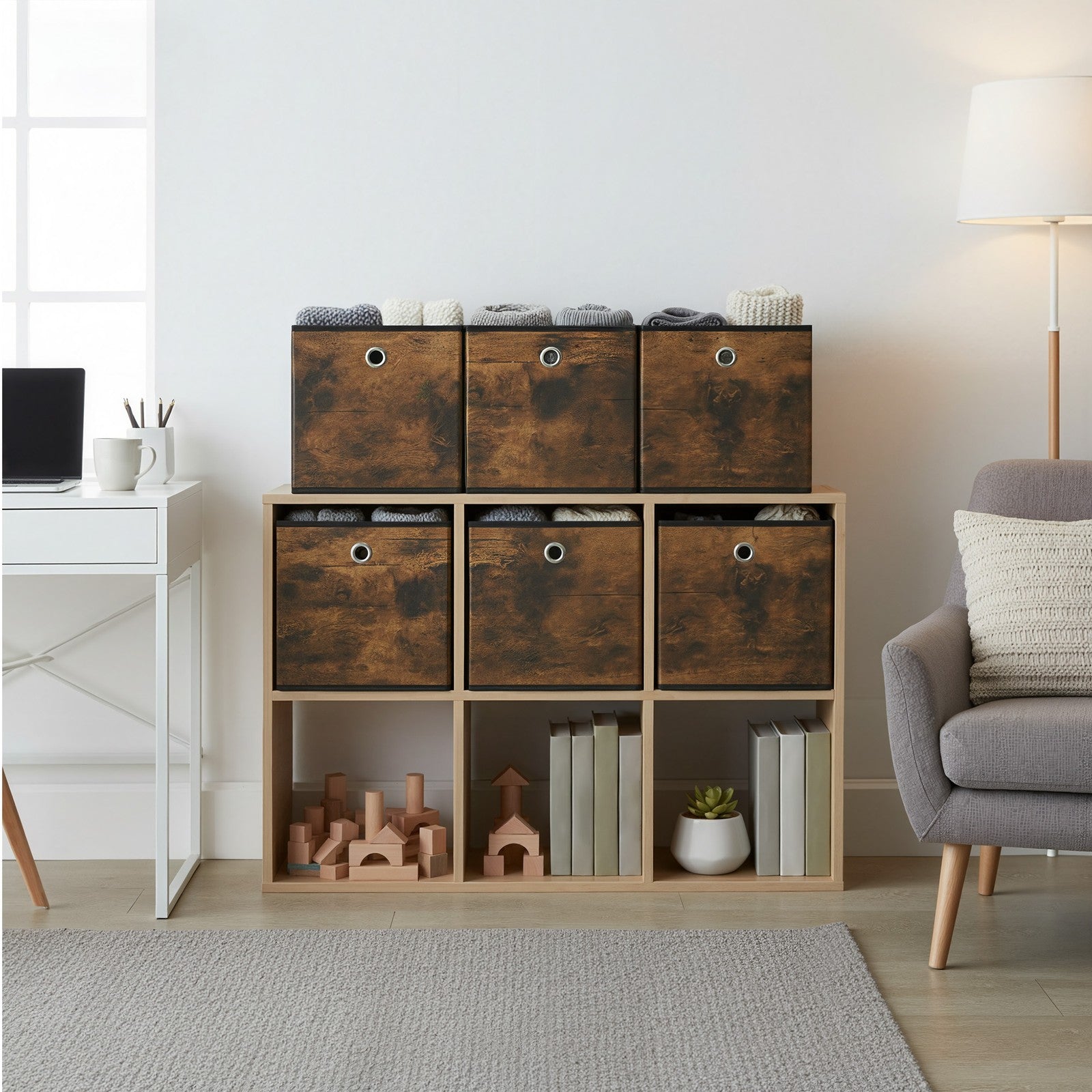 Storage Cubes - Oxford - Rustic Brown and Black - Foldable Set of 6 with Handle