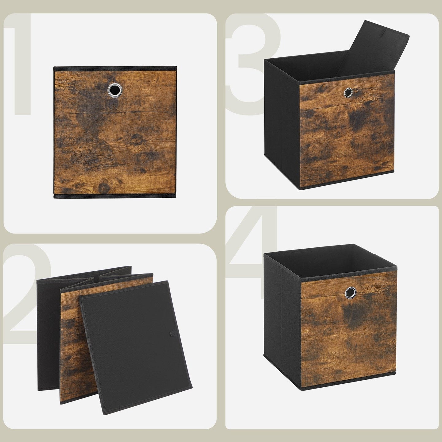 Storage Cubes - Oxford - Rustic Brown and Black - Foldable Set of 6 with Handle
