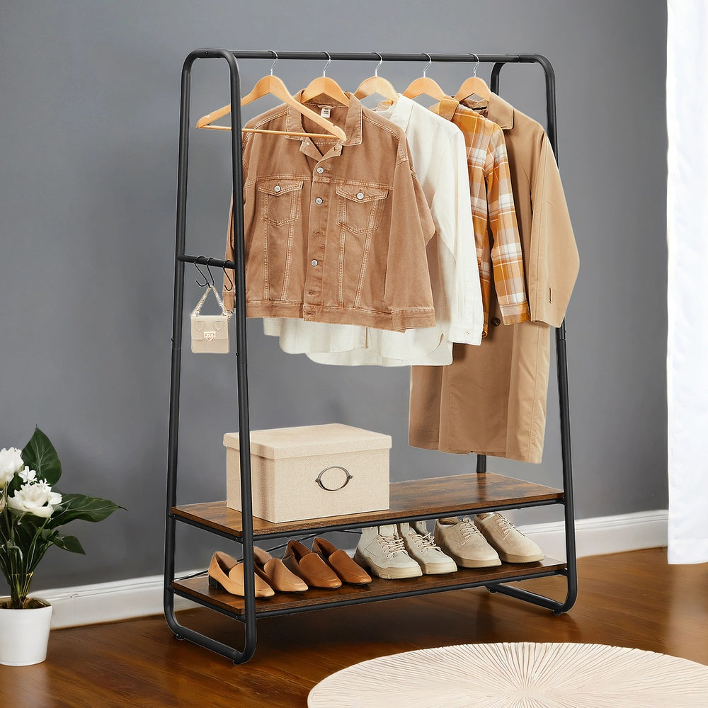 Clothes Rail - Particleboard and Steel - Rustic Brown - with 2 Shelves