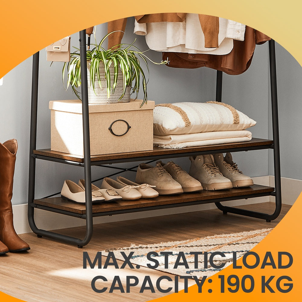 Clothes Rail - Particleboard and Steel - Rustic Brown - with 2 Shelves