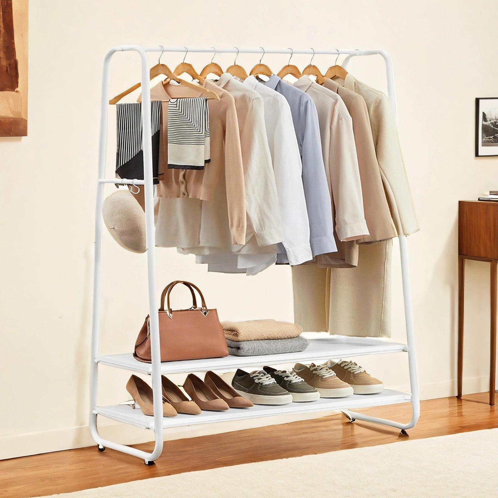 Heavy-Duty Clothes Rack - Steel - Cloud & Matte White - 2 Shelves and 6 S-Hooks