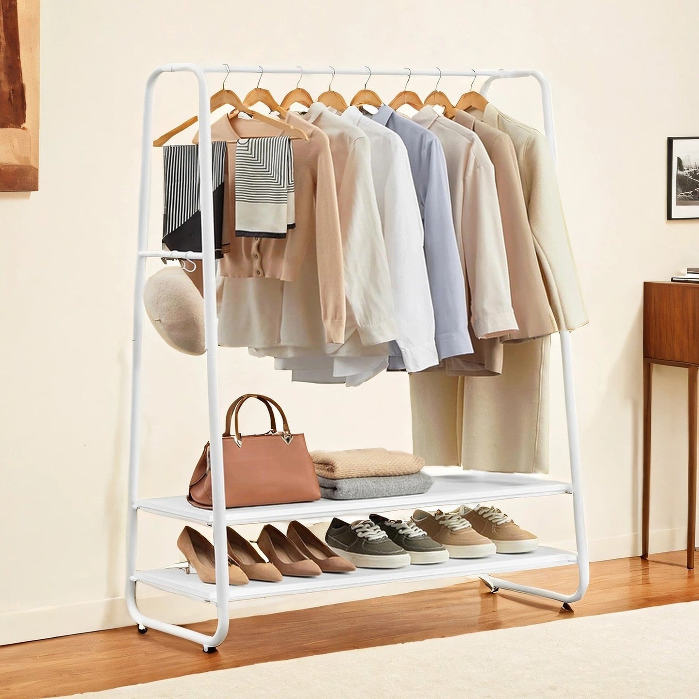 Heavy-Duty Clothes Rack - Steel - Cloud & Matte White - 2 Shelves and 6 S-Hooks