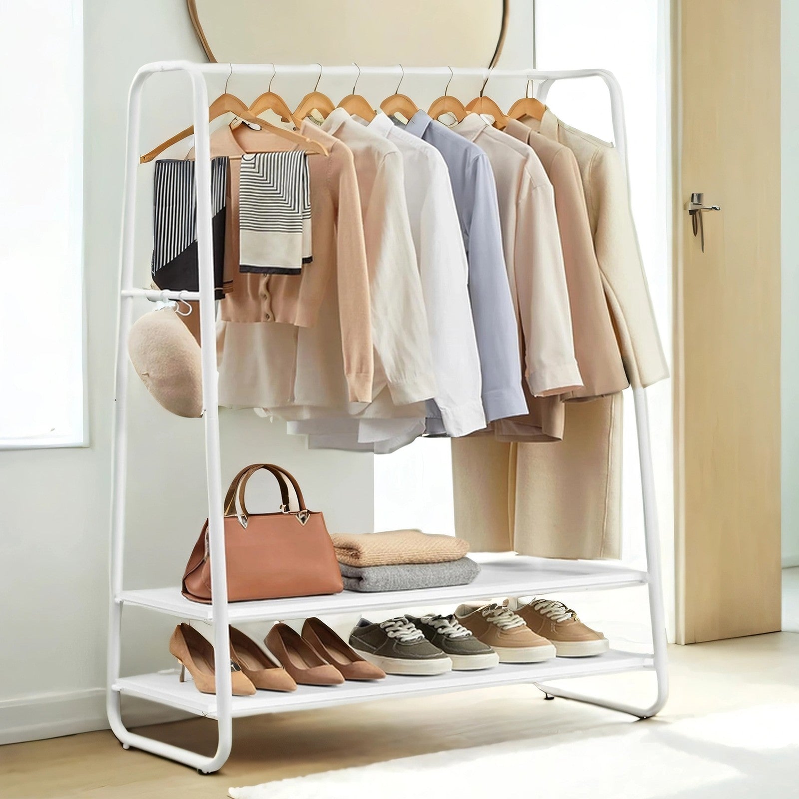 Heavy-Duty Clothes Rack - Steel - Cloud & Matte White - 2 Shelves and 6 S-Hooks
