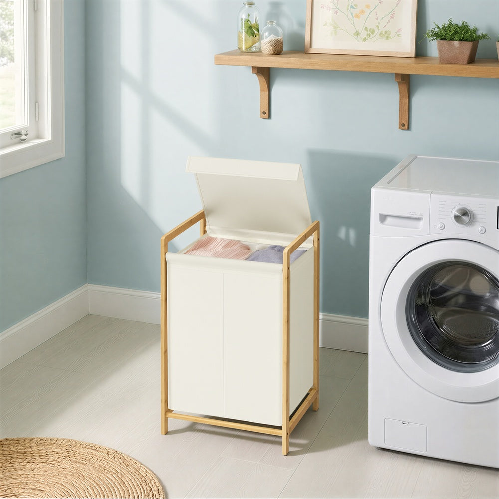 2-Section Clothes Hamper - 100L - Bamboo - Removable Lid