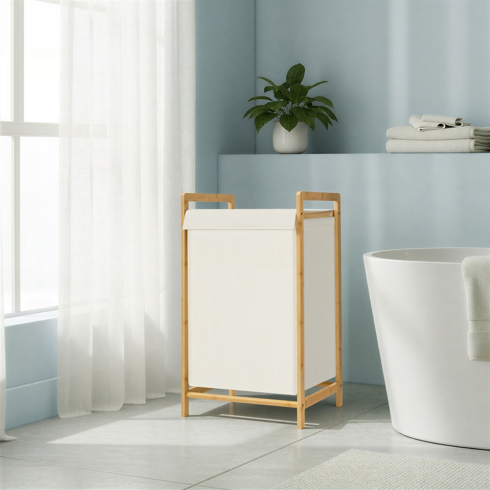 2-Section Clothes Hamper - 100L - Bamboo - Removable Lid