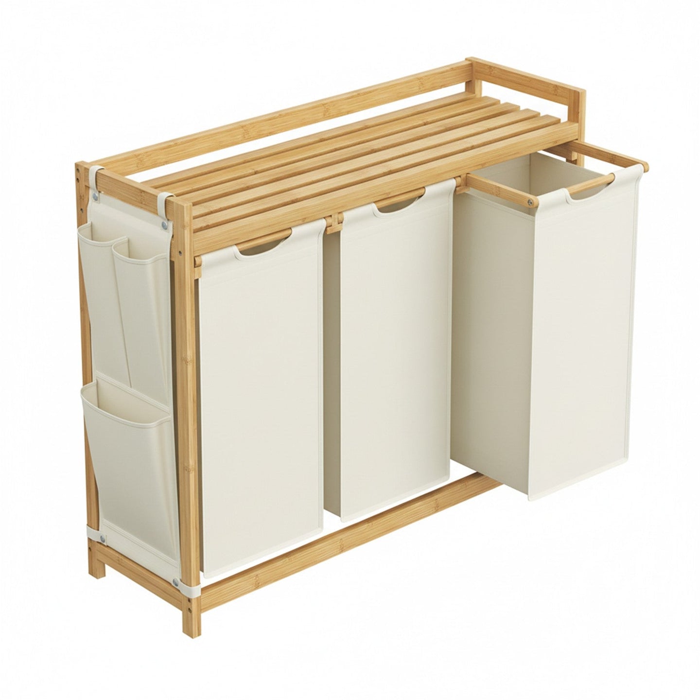 Laundry Sorter - Fabric - Cream White - 3 Compartments with Shelf and Side Pockets