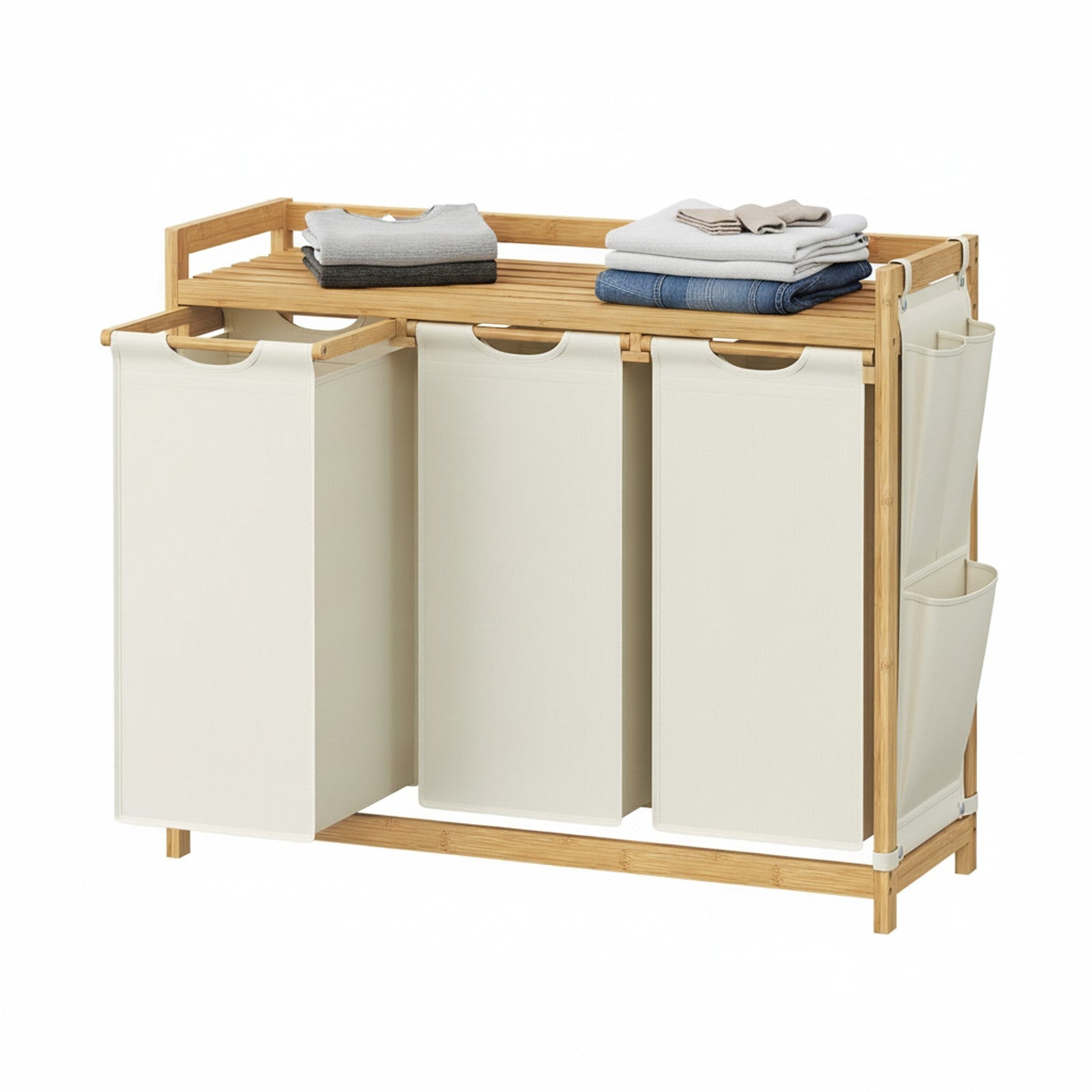 Laundry Sorter - Fabric - Cream White - 3 Compartments with Shelf and Side Pockets
