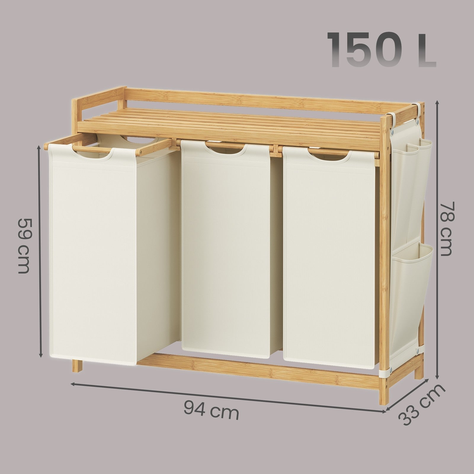 Laundry Sorter - Fabric - Cream White - 3 Compartments with Shelf and Side Pockets