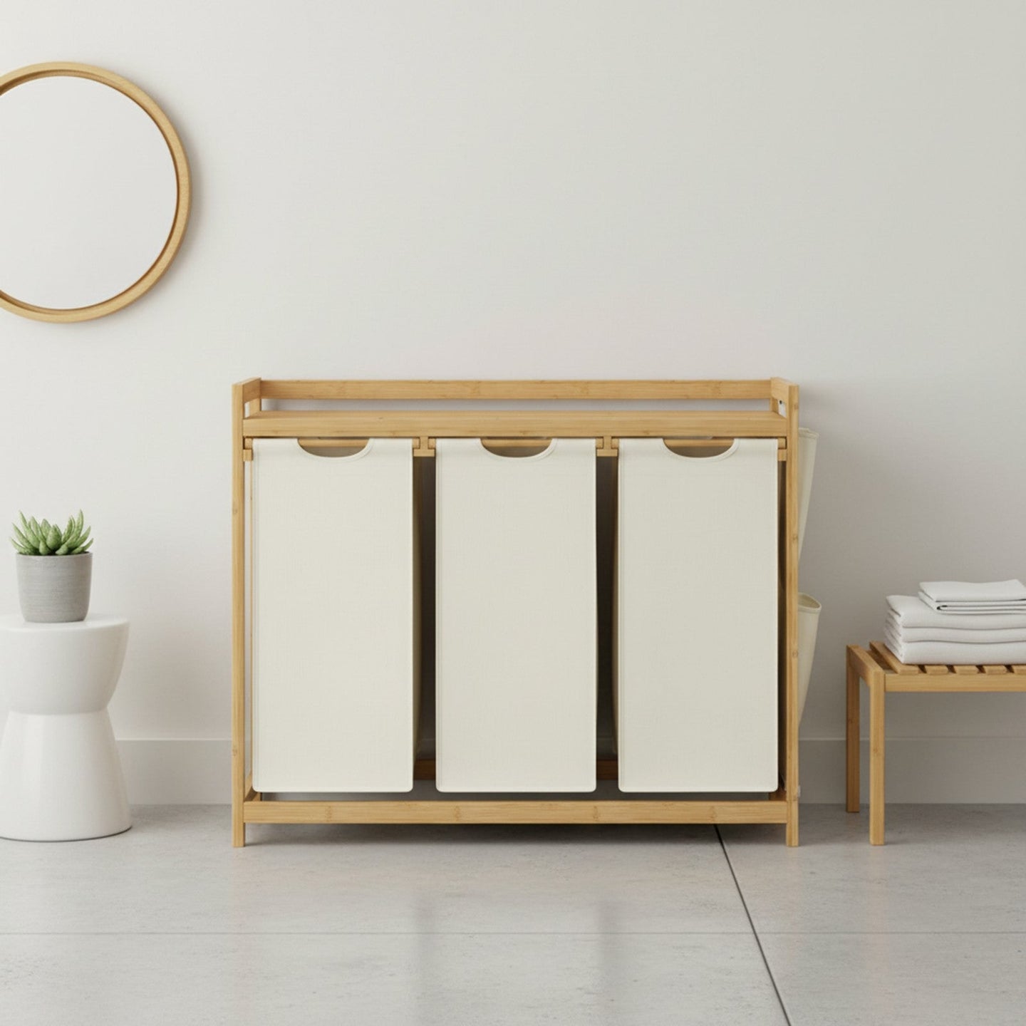 Laundry Sorter - Fabric - Cream White - 3 Compartments with Shelf and Side Pockets