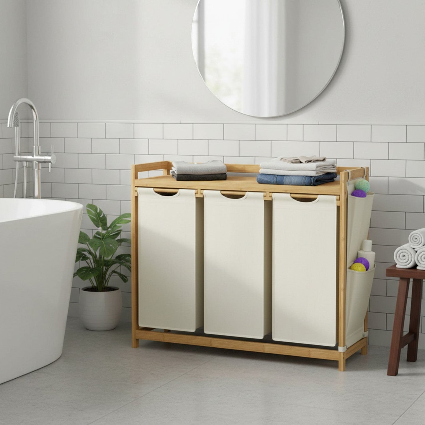 Laundry Sorter - Fabric - Cream White - 3 Compartments with Shelf and Side Pockets