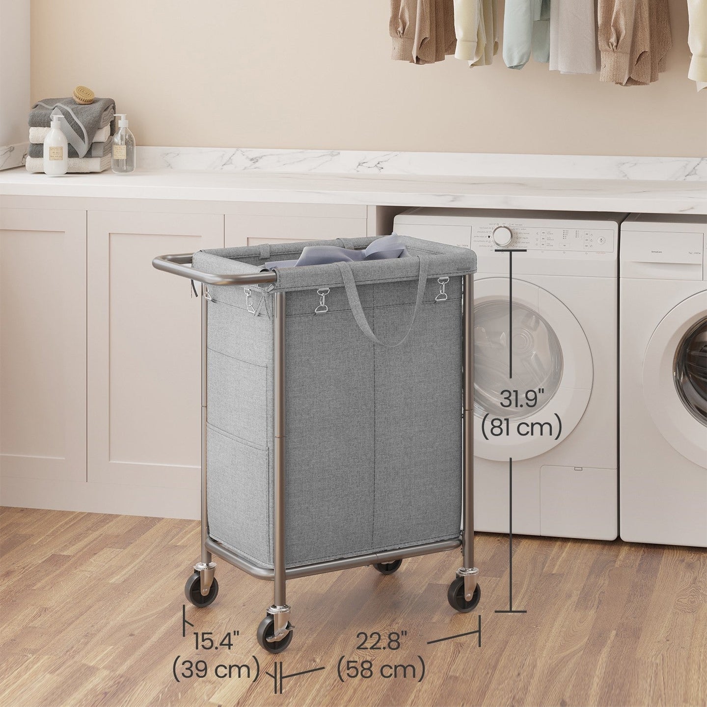 Rolling Laundry Hamper - Steel Frame - Beige - 2-Section with Removable Liner and Handle