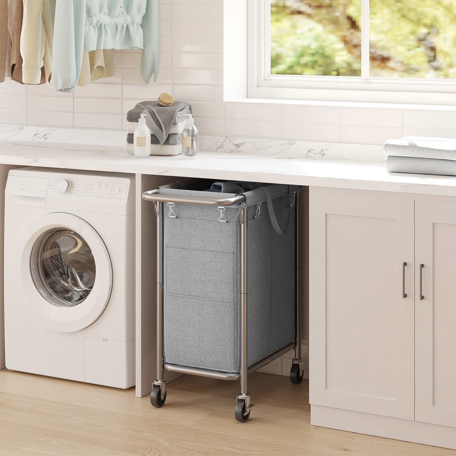 Rolling Laundry Hamper - Steel Frame - Beige - 2-Section with Removable Liner and Handle