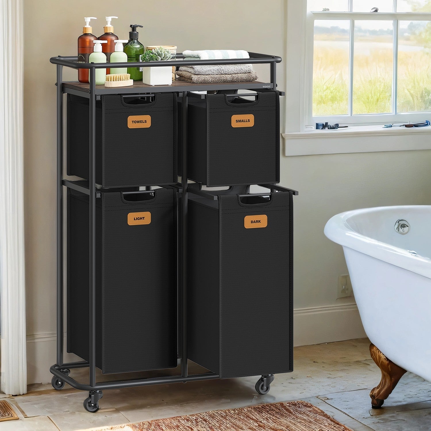 Laundry Sorter - Fabric - Ink Black - Rolling with 4 Removable Liners and Shelf