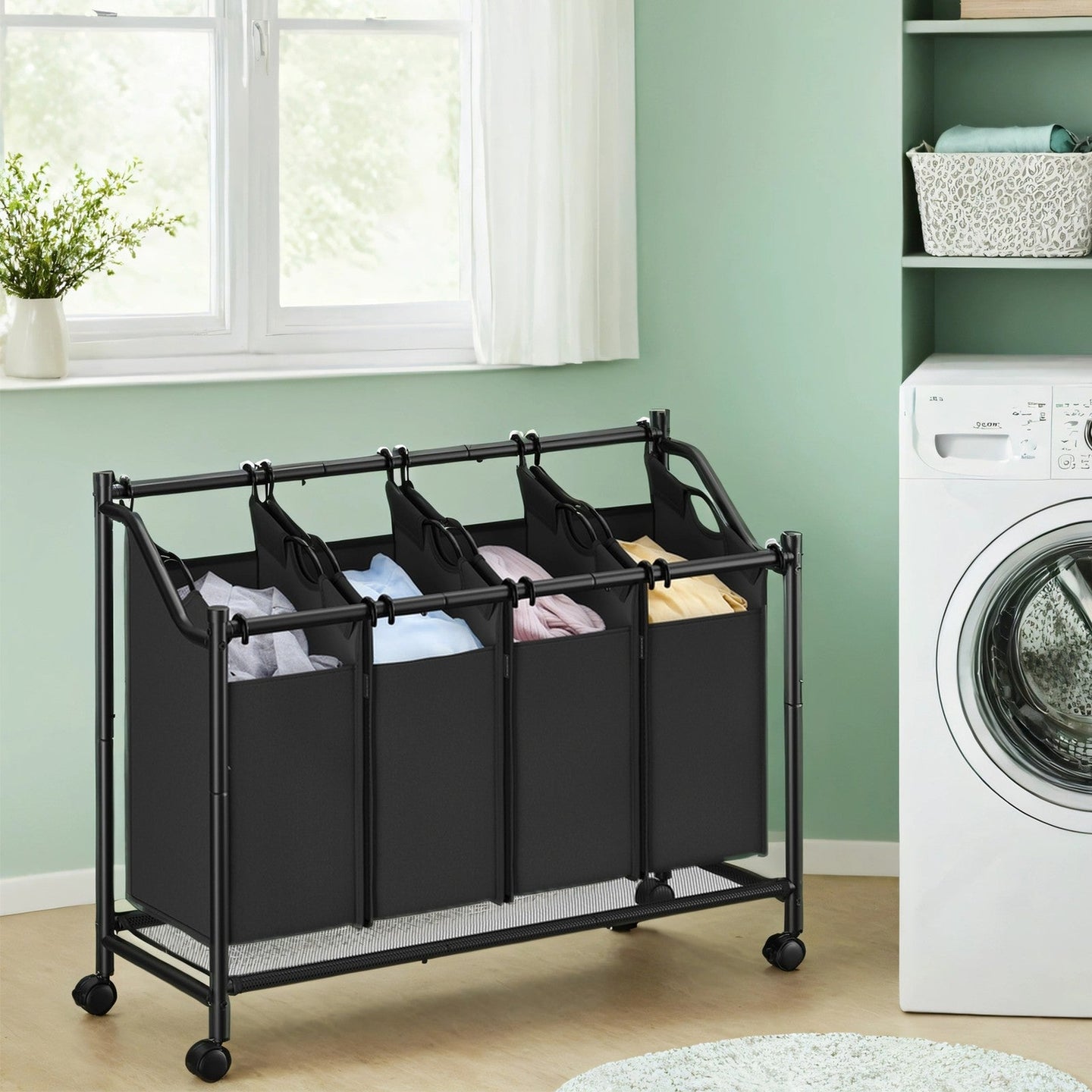 Mobile Laundry Organizer Cart - Fabric - Black - 4 Detachable Bags with Rolling Trolley Design