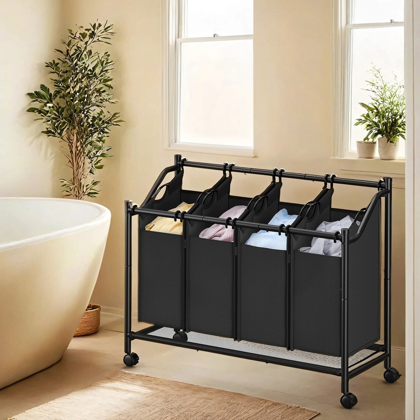 Mobile Laundry Organizer Cart - Fabric - Black - 4 Detachable Bags with Rolling Trolley Design