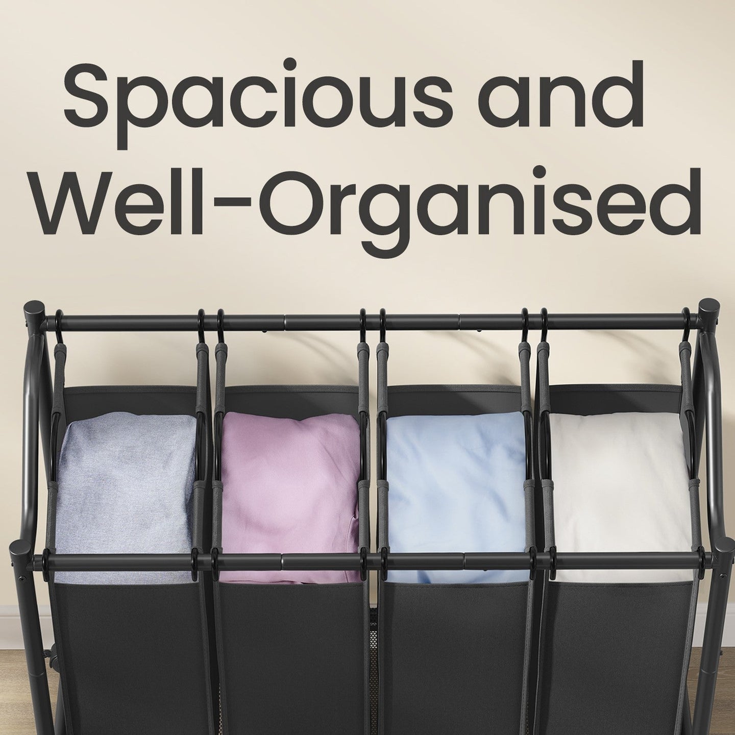Mobile Laundry Organizer Cart - Fabric - Black - 4 Detachable Bags with Rolling Trolley Design