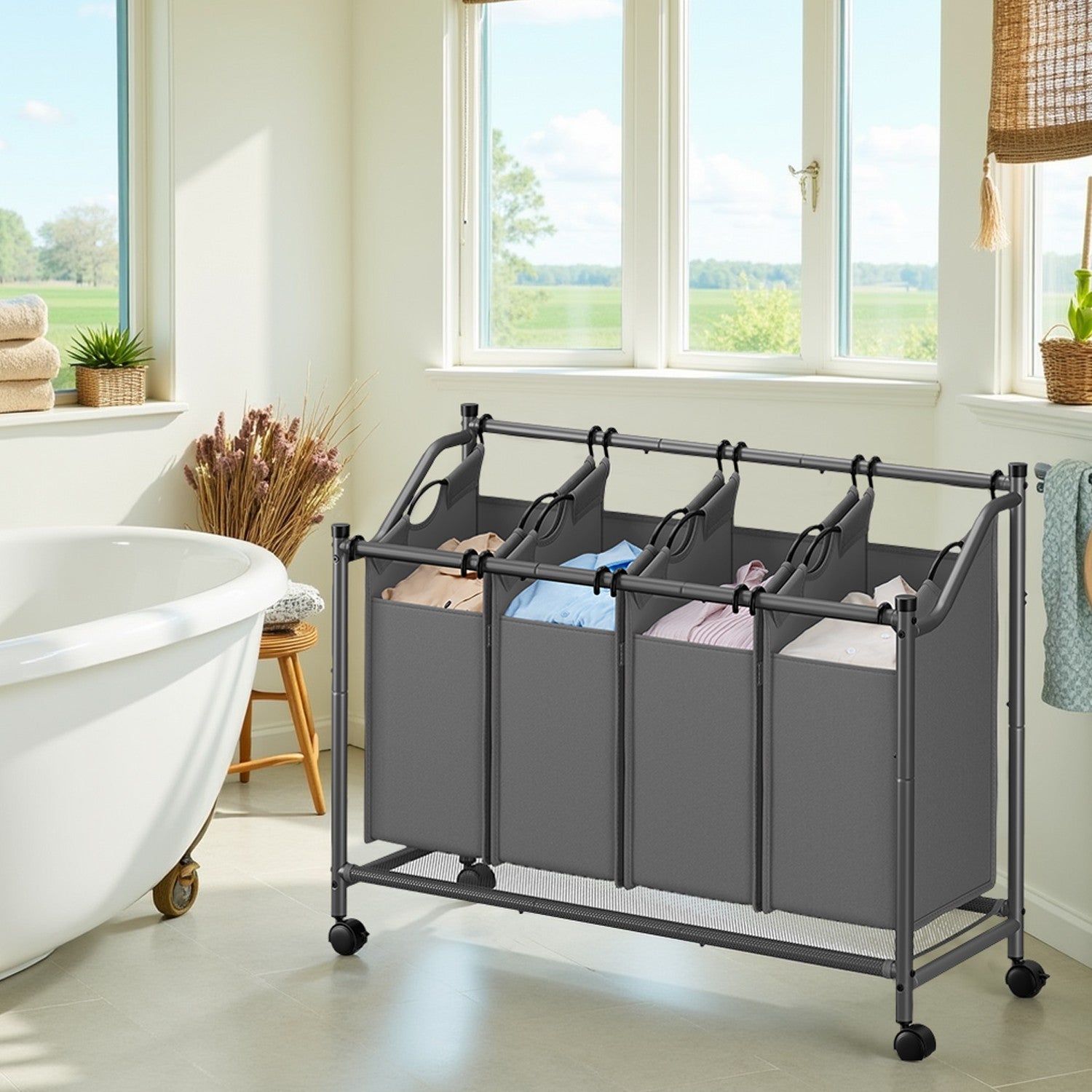 Mobile Laundry Organizer Cart - Fabric - Black - 4 Detachable Bags with Rolling Trolley Design