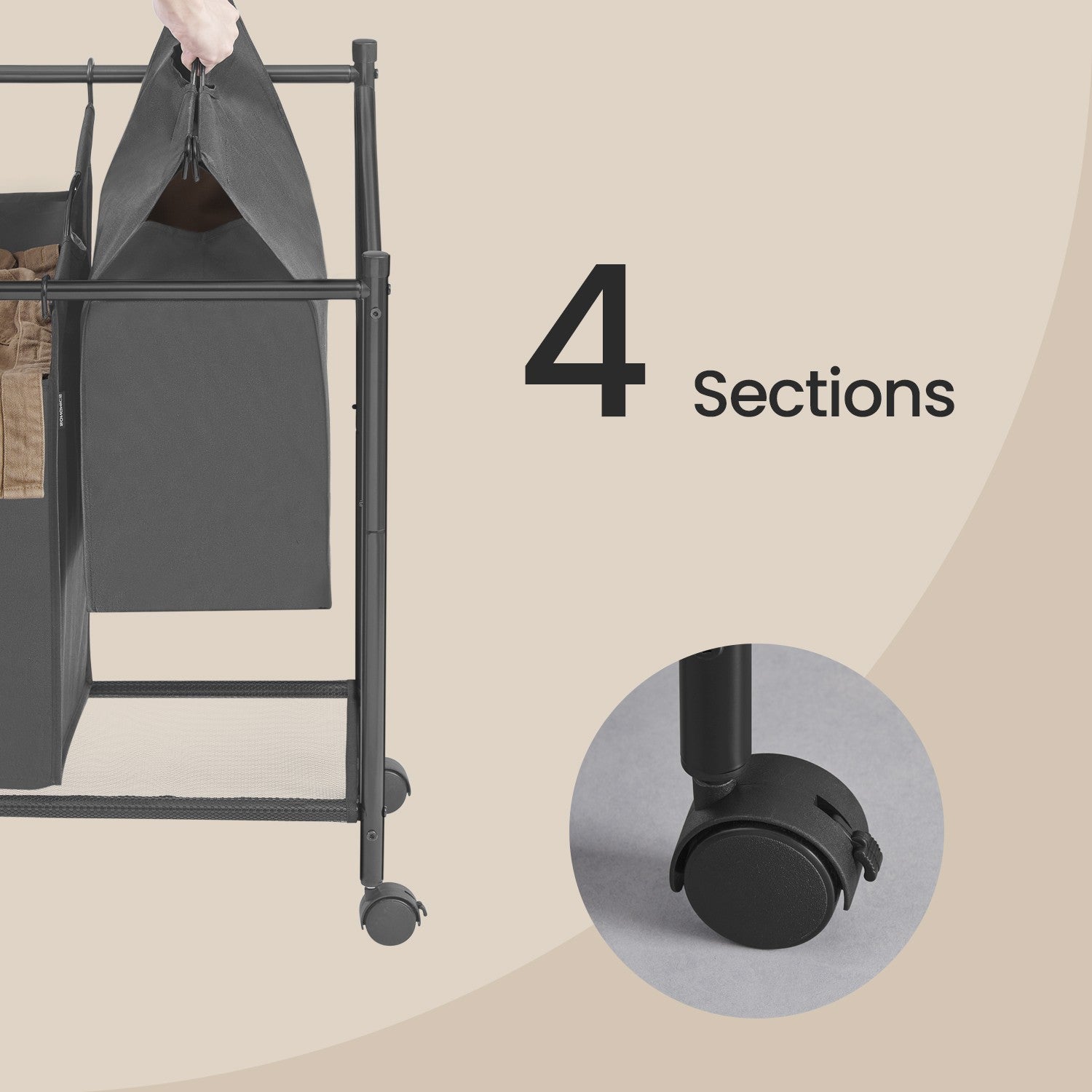 Mobile Laundry Organizer Cart - Fabric - Black - 4 Detachable Bags with Rolling Trolley Design