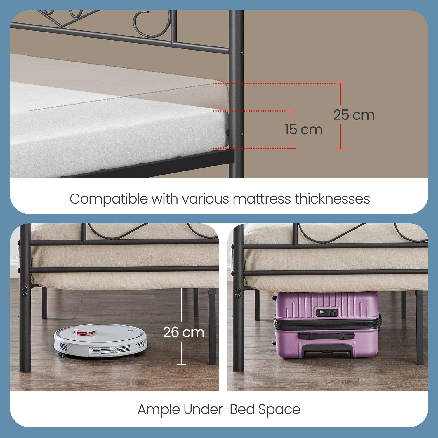 Double Bed Frame - Metal - Ink Black - Suitable for Small Spaces