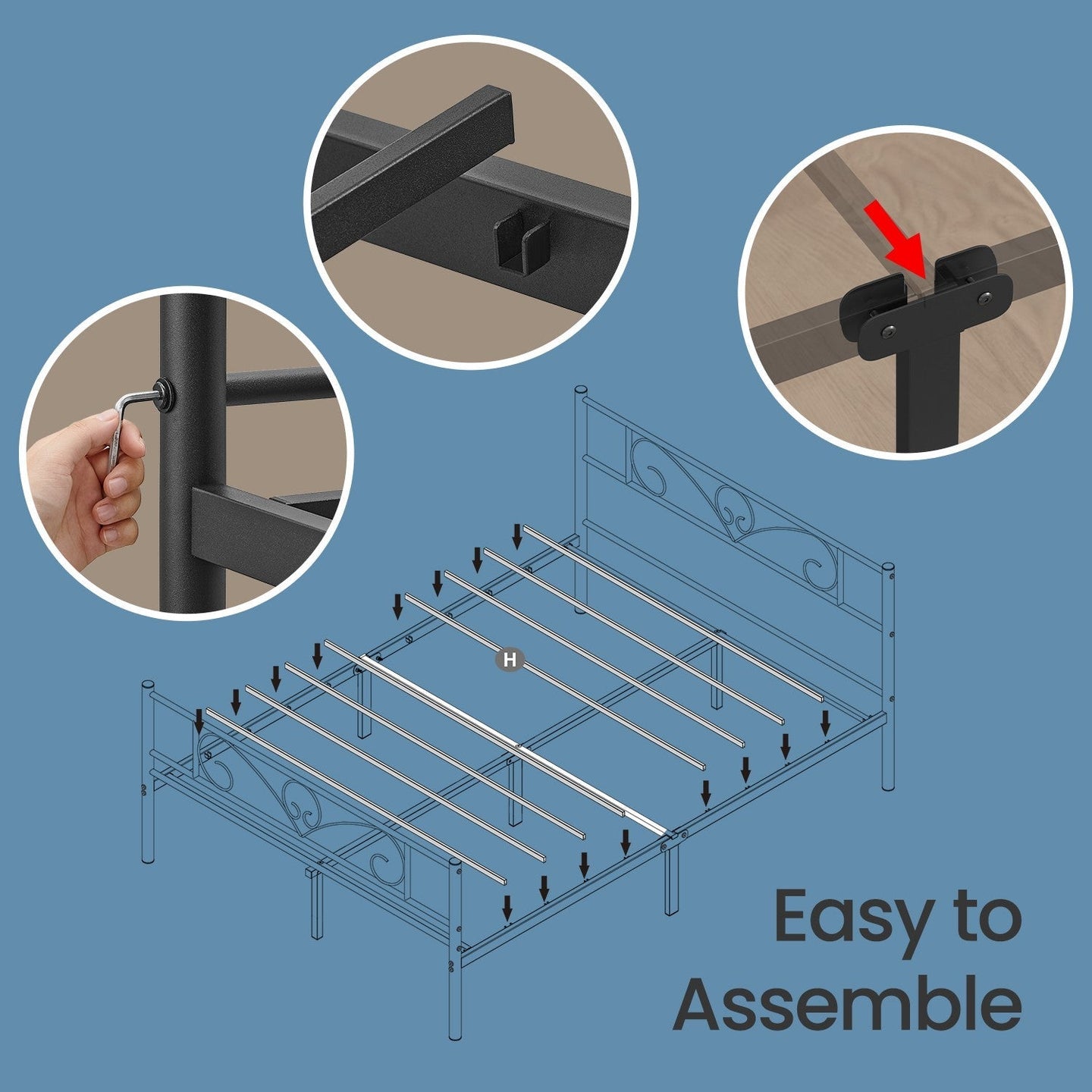 Double Bed Frame - Metal - Ink Black - Suitable for Small Spaces