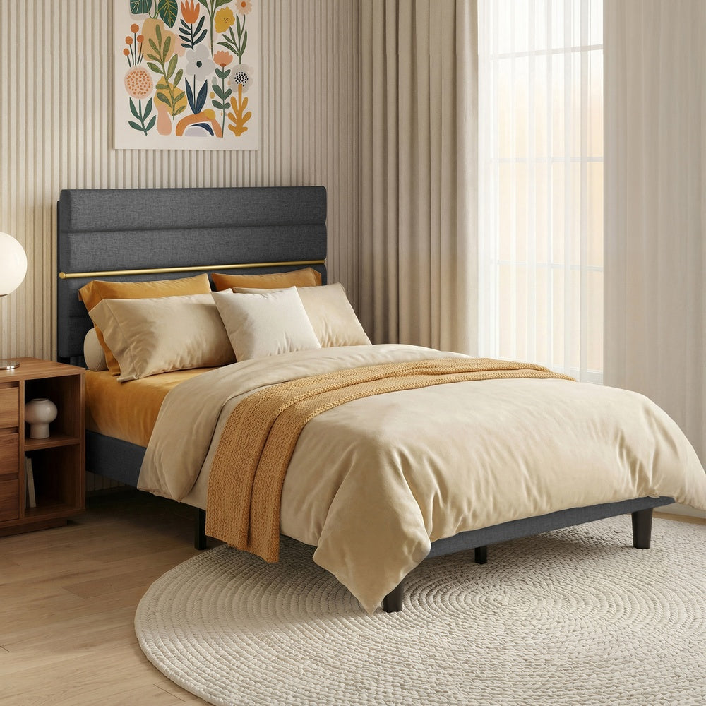 Upholstered Platform Small Double Bed Frame - 120L - Metal - Adjustable Headboard