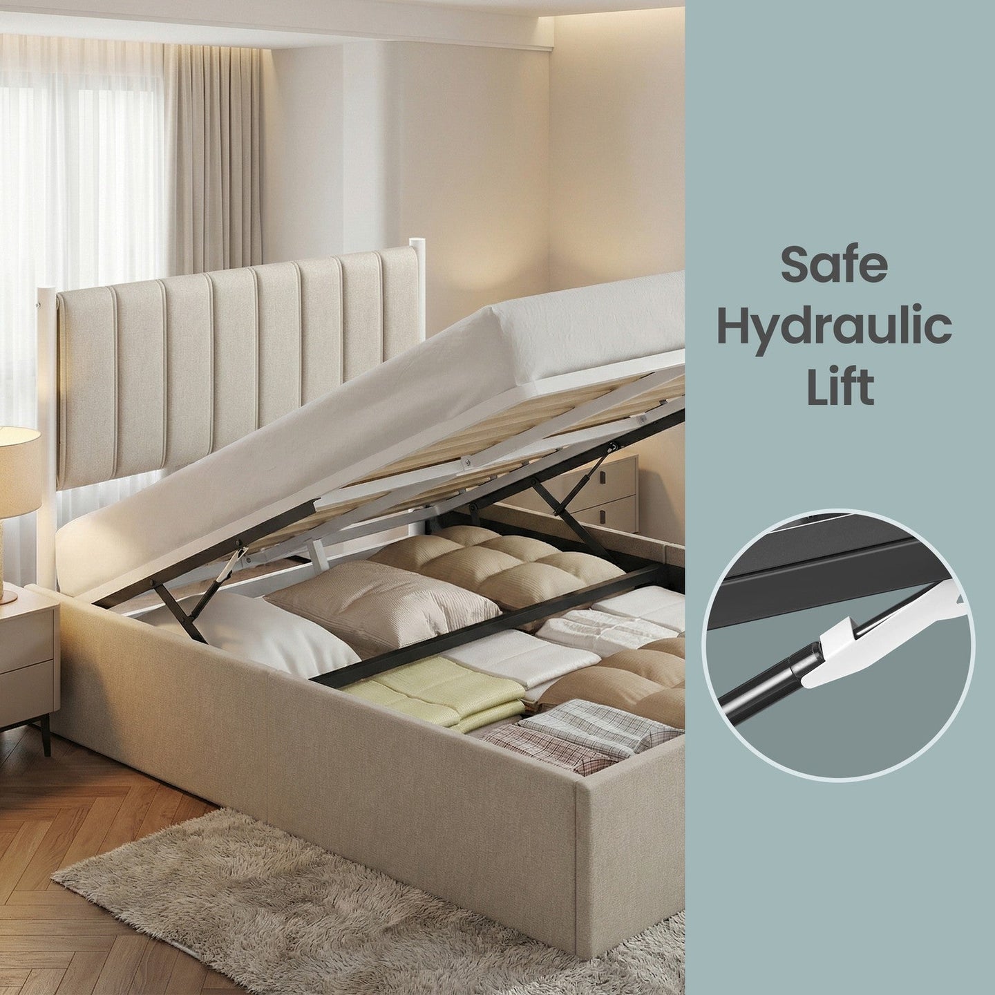 Double Ottoman Bed - 135L - Steel - Hydraulic Lift Storage