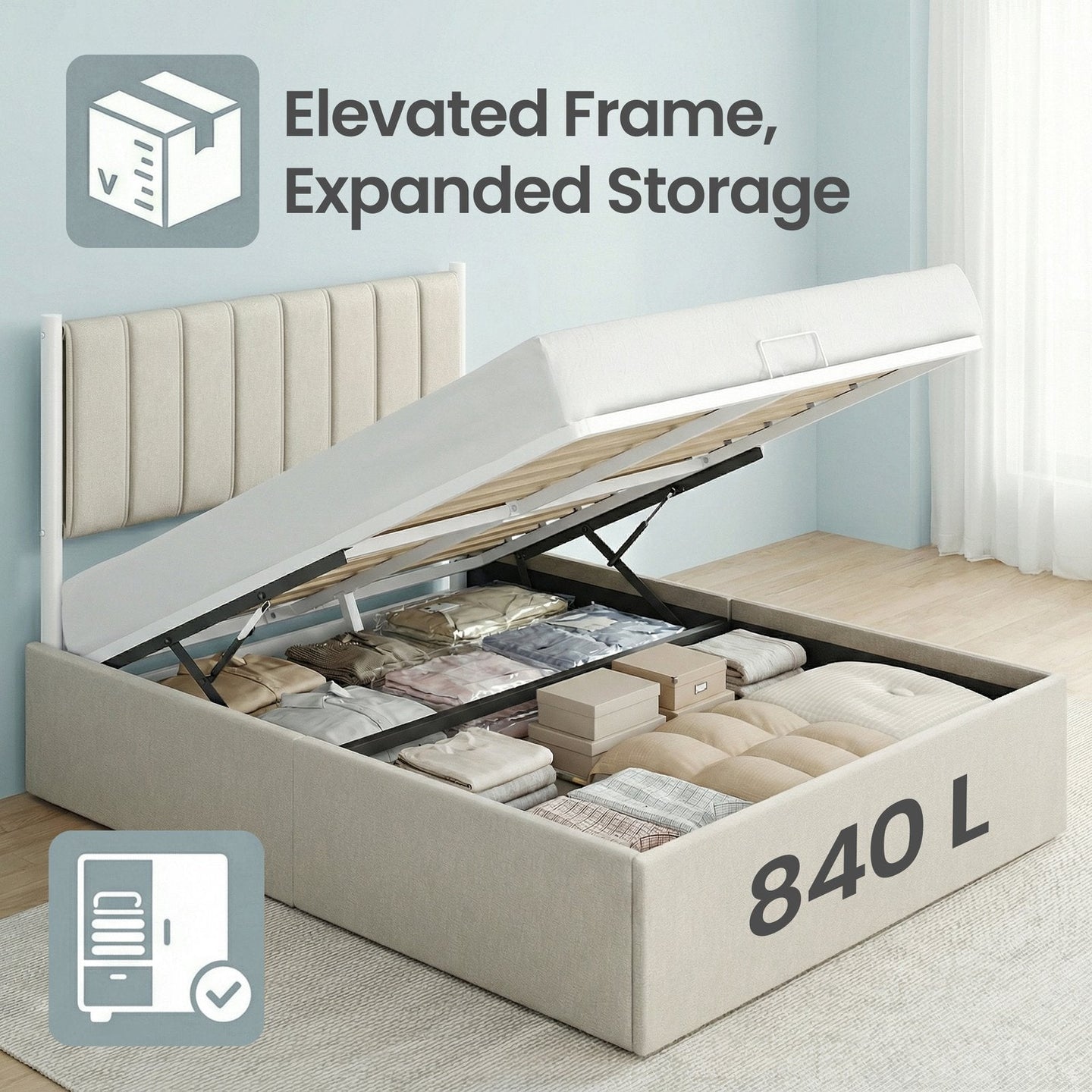 Double Ottoman Bed - 135L - Steel - Hydraulic Lift Storage