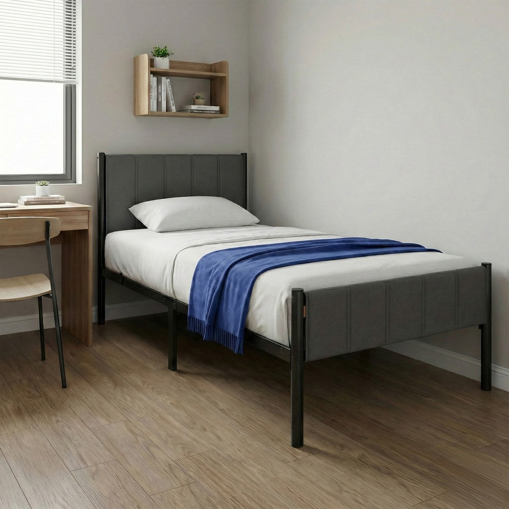 Metal Platform Bed - 90L - Steel - Upholstered Headboard