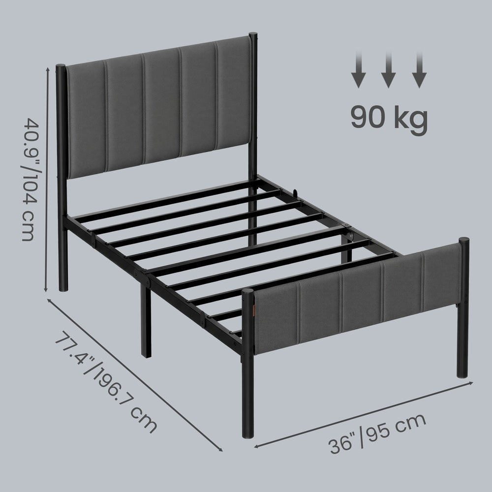 Metal Platform Bed - 90L - Steel - Upholstered Headboard