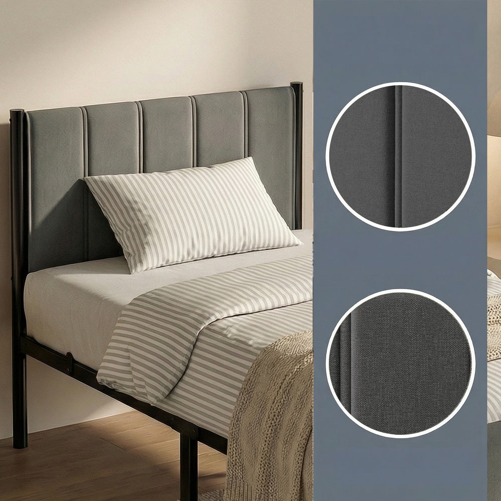 Metal Platform Bed - 90L - Steel - Upholstered Headboard