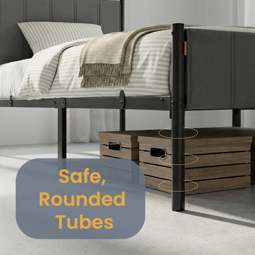 Metal Platform Bed - 90L - Steel - Upholstered Headboard