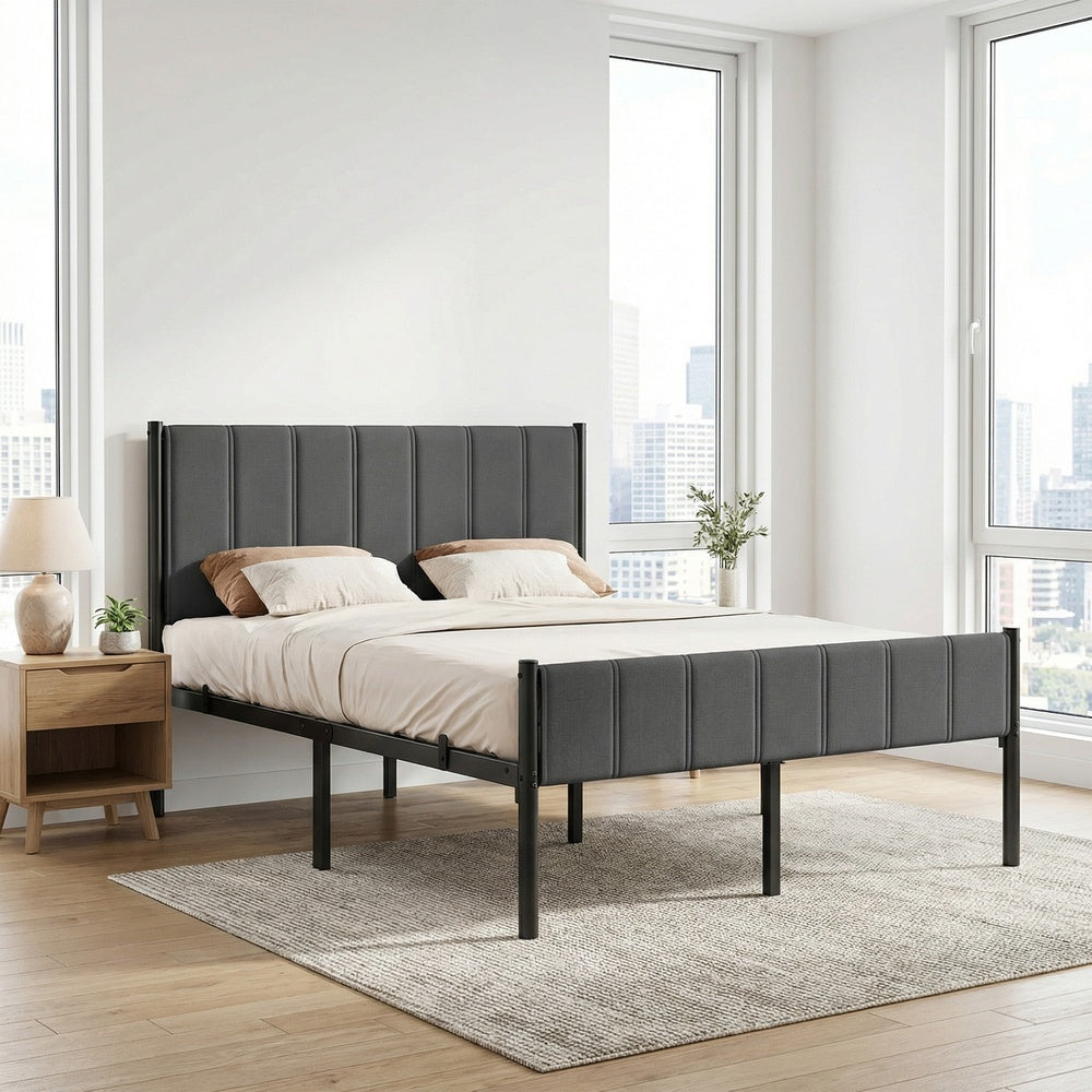 Metal Platform Bed - 90L - Steel - Upholstered Headboard