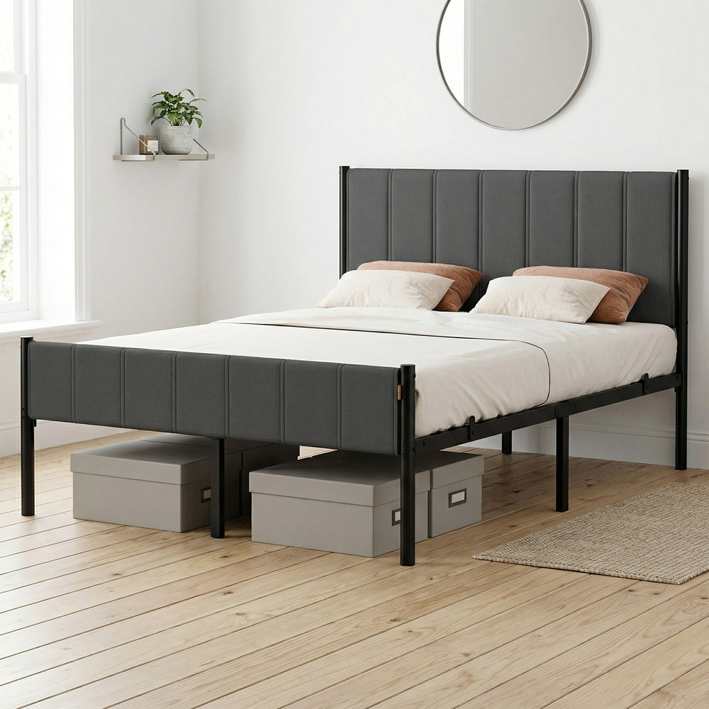Metal Platform Bed - 90L - Steel - Upholstered Headboard