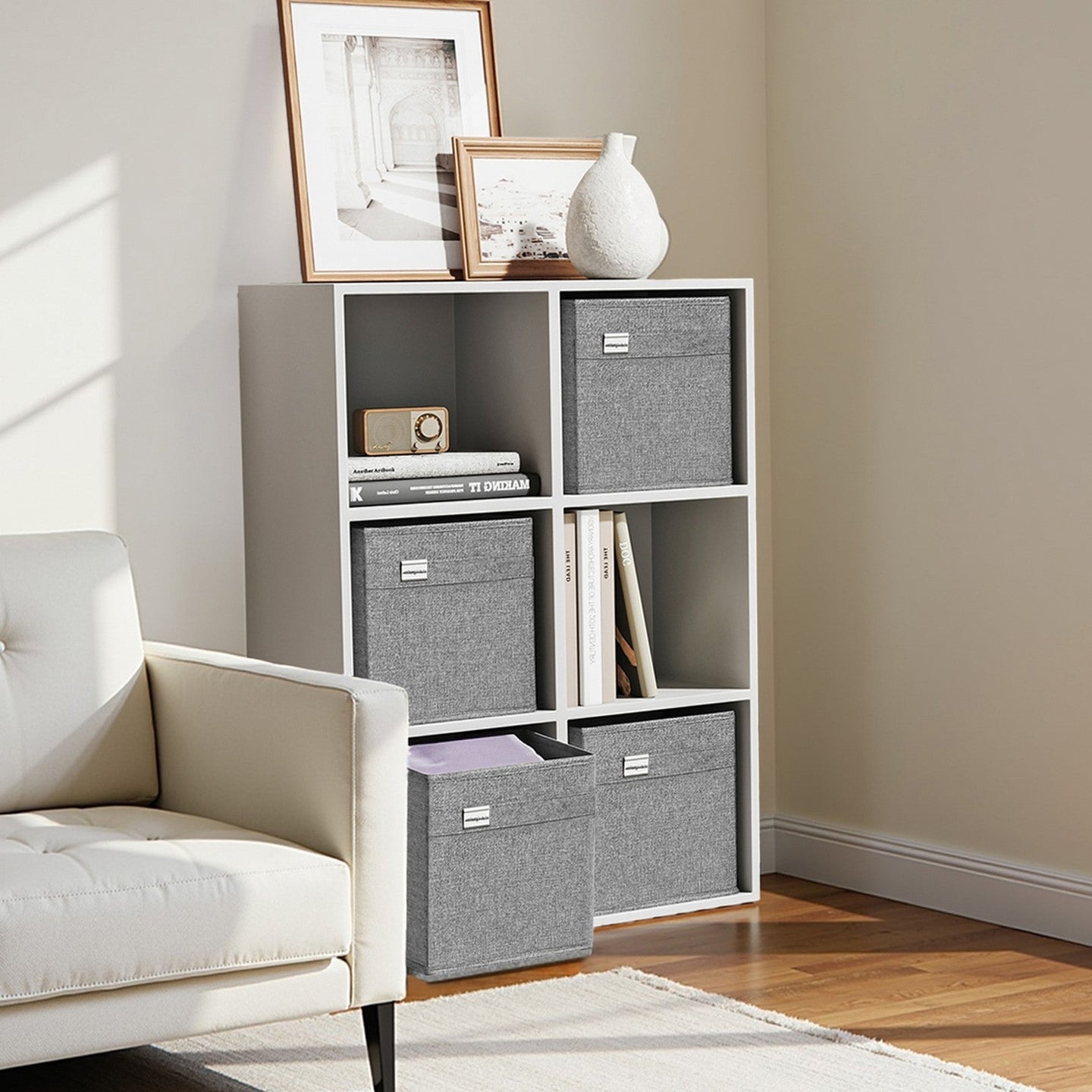 Foldable Storage Cube Set of 4 - Oxford - Grey - Washable with Dual Handles and Metal Label Holders