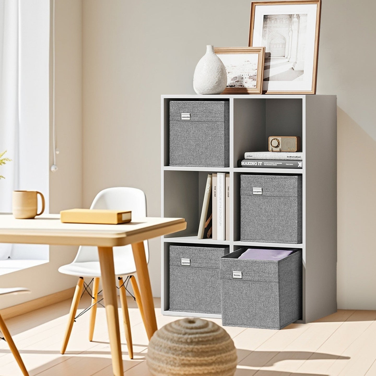 Foldable Storage Cube Set of 4 - Oxford - Grey - Washable with Dual Handles and Metal Label Holders
