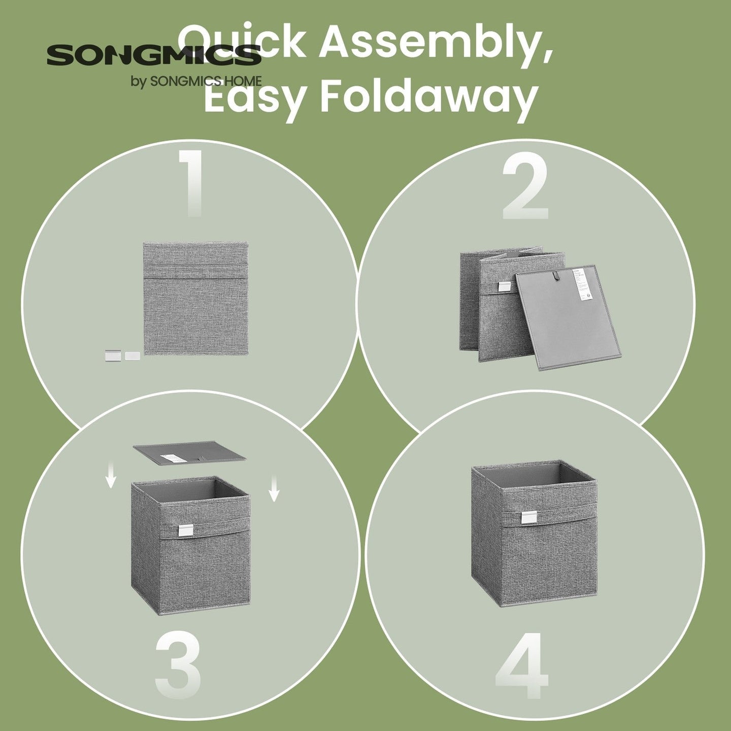 Foldable Storage Cube Set of 4 - Oxford - Grey - Washable with Dual Handles and Metal Label Holders